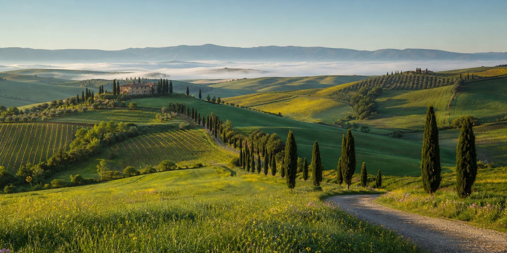 A Tuscan hillside in early May with cypresses and freshly green vines