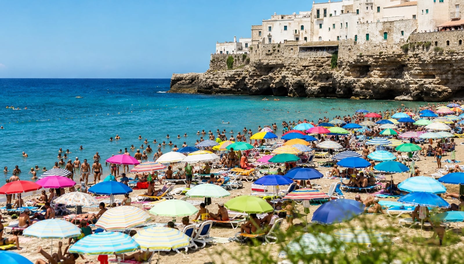 A packed beach in southern Italy in mid-August around Ferragosto
