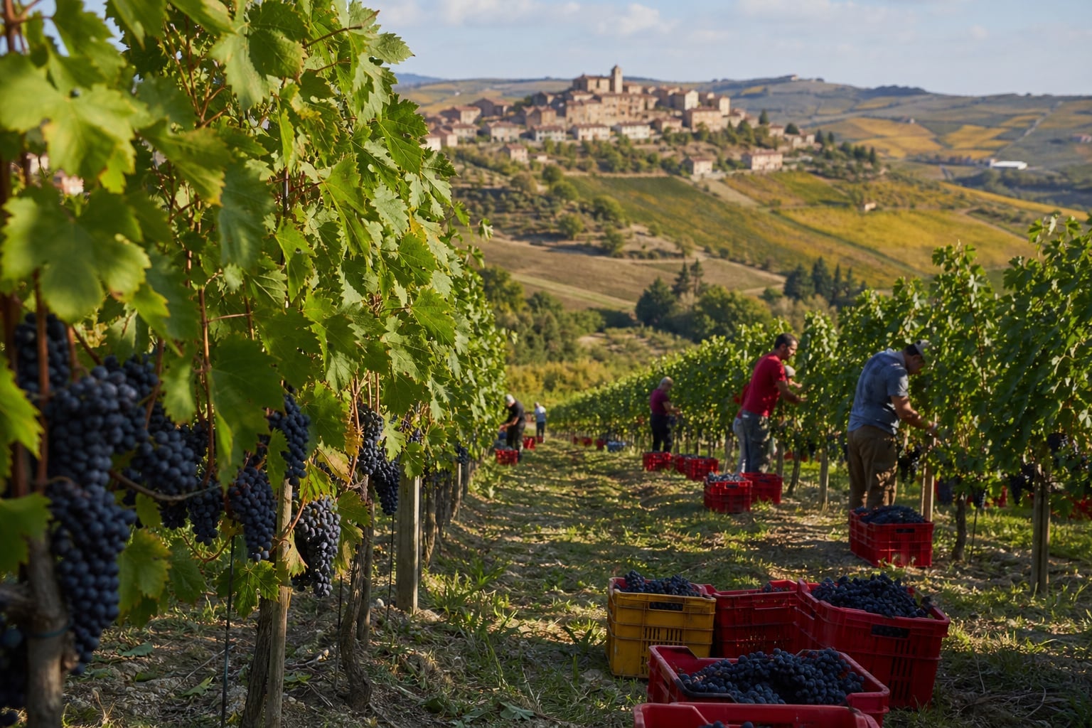 A Piedmontese vineyard during the wine harvest in late September