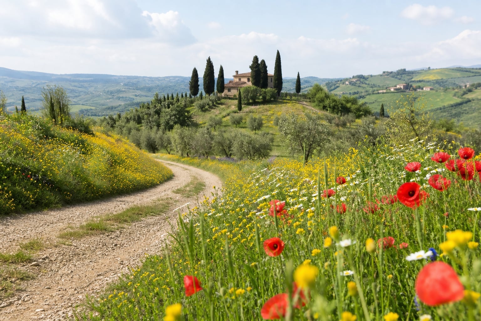 Wild poppies and yellow flowers in a Tuscan field in late spring