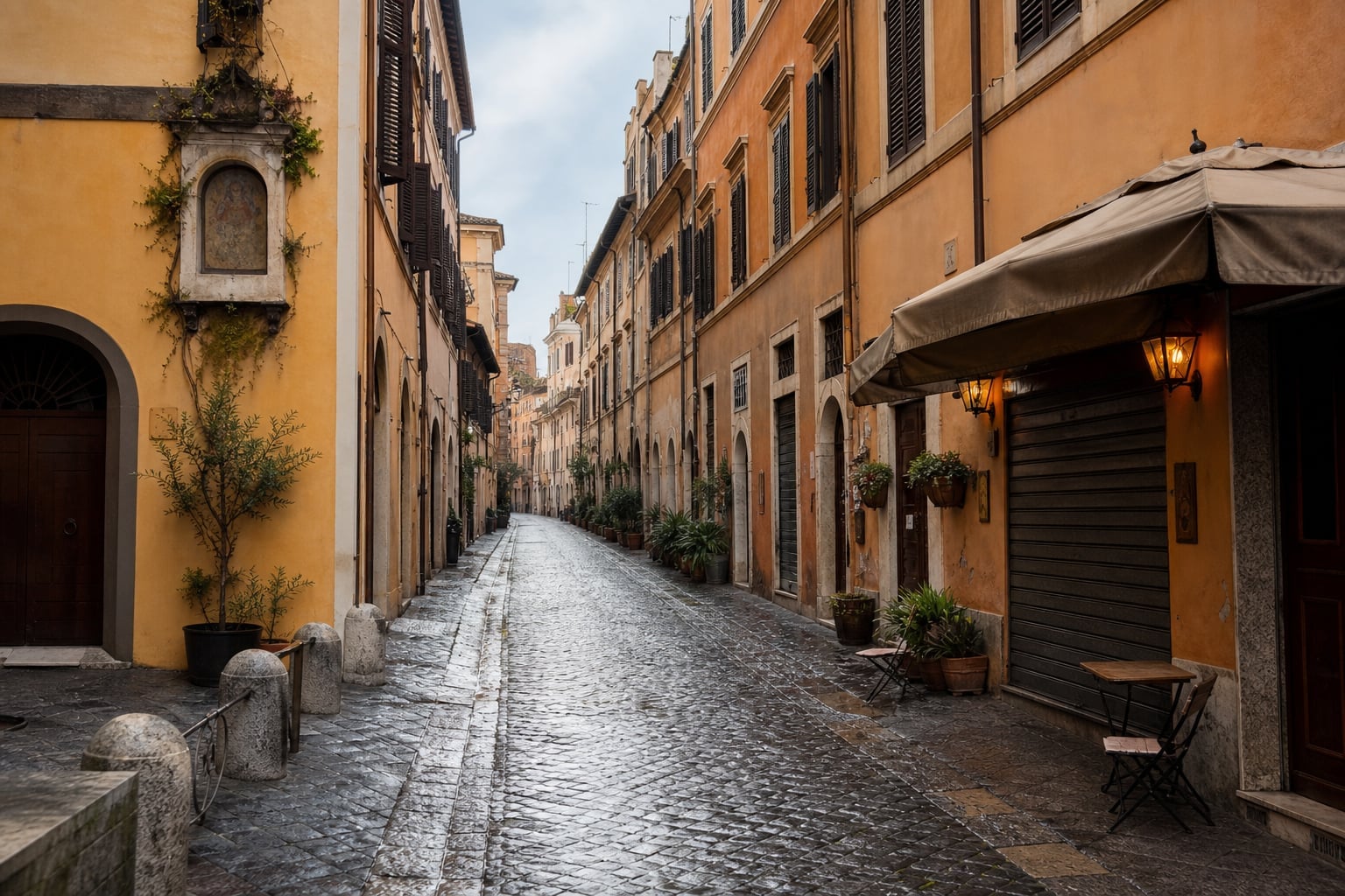 A near-empty Roman street in winter light