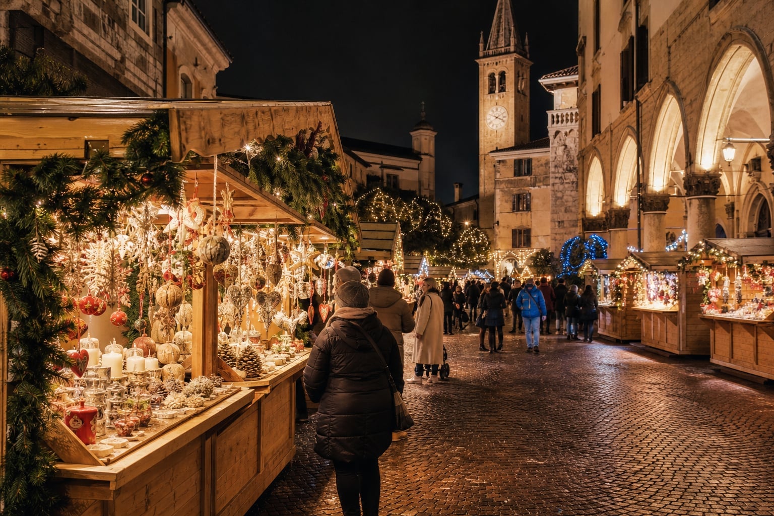 A northern Italian Christmas market in evening light with stalls and warm lights