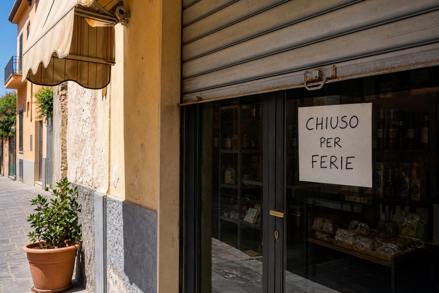 A handwritten chiuso per ferie sign on the door of a closed Italian shop